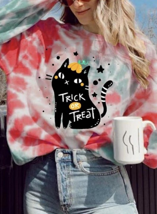 Women Cute Cat Trick or Treat Print Tie dye Loose Sweatshirts