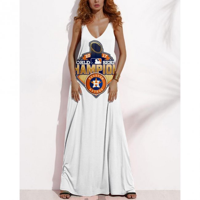 Women's Summer HOUSTON ASTROS Fan Print V-neck Sleeveless Loose Long A-line Dress