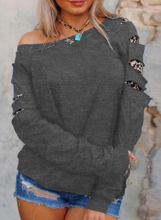 Off shoulder Leopard Solid Long Sleeve Cut out Sweatshirt