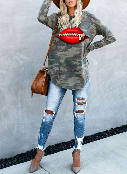 Camouflage Long Sleeve Lip Print Crew Neck Tunic Sweatshirt