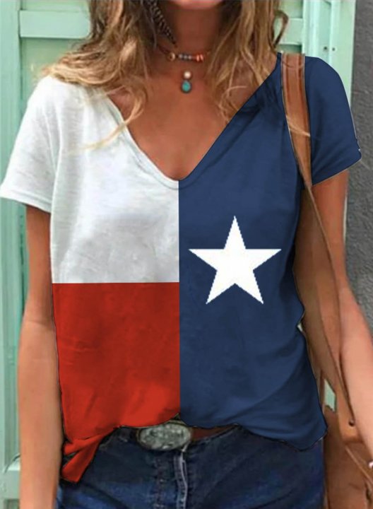 Women's Texas Flag T-shirts Color Block V Neck Short Sleeve Daily Casual Texas independence day T-shirts