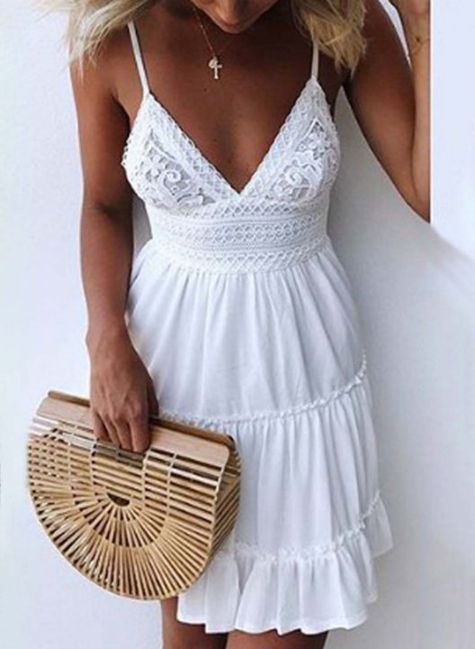 Women's Mini Dresses Fashion Solid Sleeveless V Neck Vintage Spaghetti Knot Lace Dress