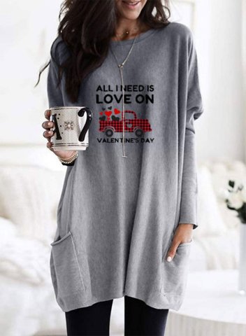 All I Need is Love Valentine's Day Women's Valentines Sweatshirts Round Neck Long Sleeve Solid Letter Casual Pocket Tunics