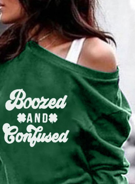 Women's St Patrick's Day Sweatshirts Boozed & Confused Print Long Sleeve Off Shoulder Casual Sweatshirt