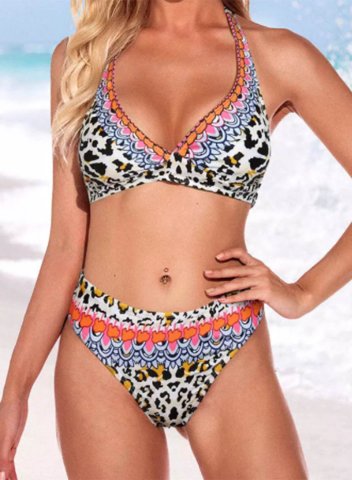 Women's Bikinis Color Block Leopard Sleeveless Adjustable Halter Beach Padded Knot Vacation Bikini