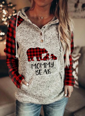 Women's Hooded Mommy Bear Plaid Sleeve Pocket Hoodie