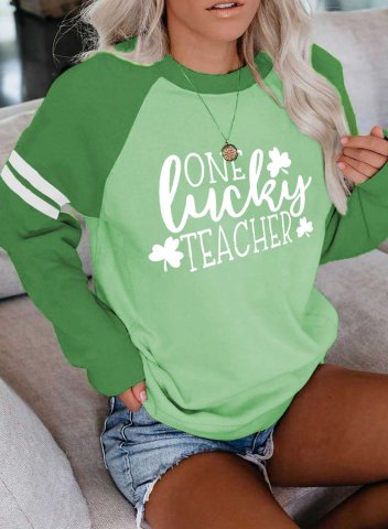 Women's St Patricks Sweatshirt One Lucky Teacher Print Color Block Round Neck Long Sleeve Casual Daily Pullovers