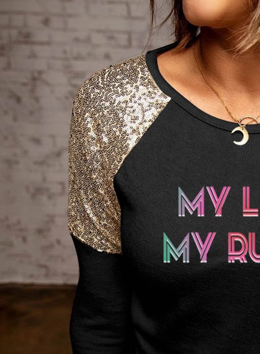 Women's Feminists Tops My Life My Rule Color-block Letter Print Sequin Long Sleeve Round Neck Daily T-shirt