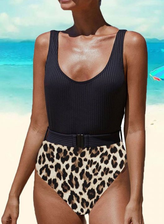 Women's One Piece Swimwear Color Block Leopard U Neck One-Piece Swimsuit