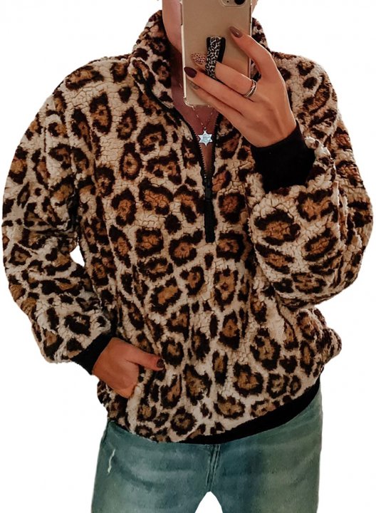 Leopard Long Sleeve High Neck Zip Sweatshirt