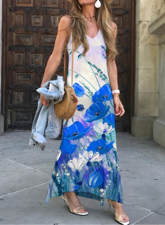 Women's Maxi Dresses Floral Sleeveless A-line V Neck Boho Vintage Maxi Dress