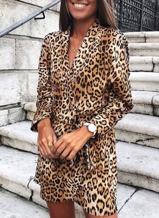 Women's Leopard Mini Dresses Long Sleeve V Neck Knot Casual Mini Dress