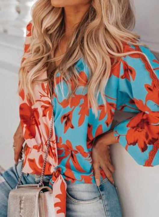 Women's Shirts Floral Color Block V Neck 3/4 Sleeve Criss Cross Knot Vacation Daily Boho Shirts