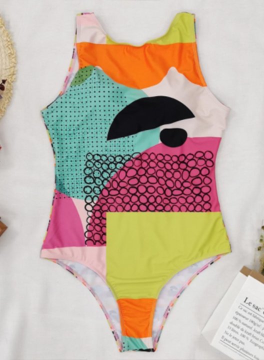 Women's One Piece Swimwear Geometric Round Neck Vintage Sporty One-Piece Swimsuits One-Piece Bathing Suits