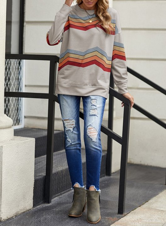 Striped Long Sleeve Round Neck Sweatshirt