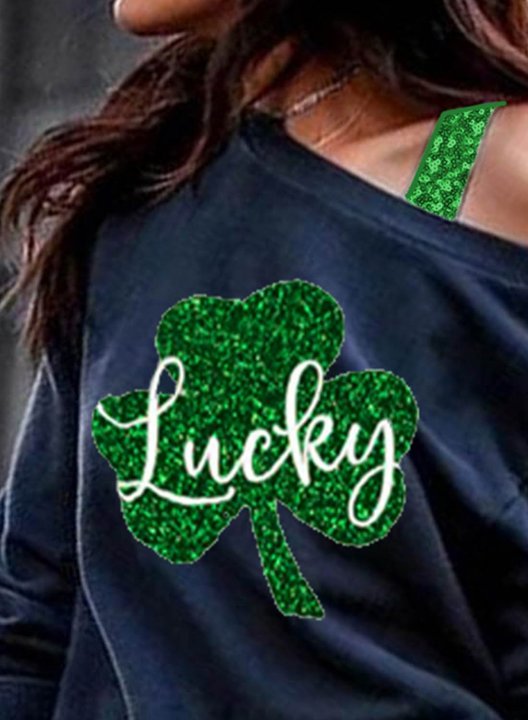 Women's St Patrick's Day Sweatshirt Casual Solid Sequin Shamrock Cold Shoulder Long Sleeve Daily Pullovers
