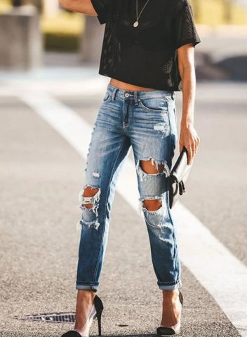 Women's Torn Jeans Slim Color Block Mid Waist Ankle-length Cut-out Daily Casual Torn Jeans