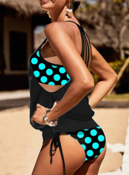 Women's Tankinis High Waist Polka Dot Cut Out Square Neck Padded Knot Casual Tankini Set