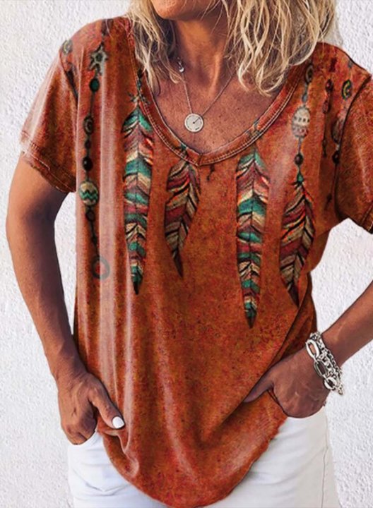 Women's T-shirts Tribal U Neck Short Sleeve Summer Boho Vintage Daily T-shirts