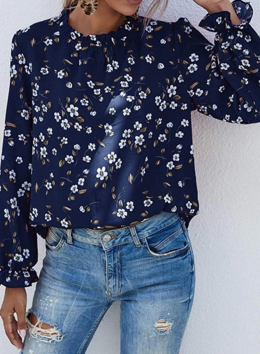 Women's Blouses Floral Ruffle Round Neck Long Sleeve Casual Daily Blouses