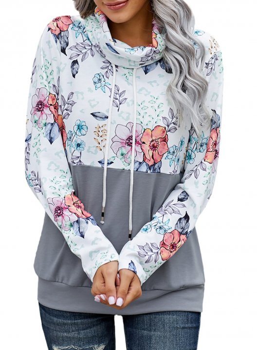 Color Block Long Sleeve High Neck Floral Sweatshirt