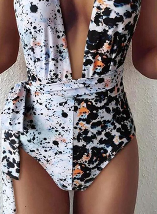 Women's One Piece Swimwear Color Block Belted V Neck One-Piece Swimsuit