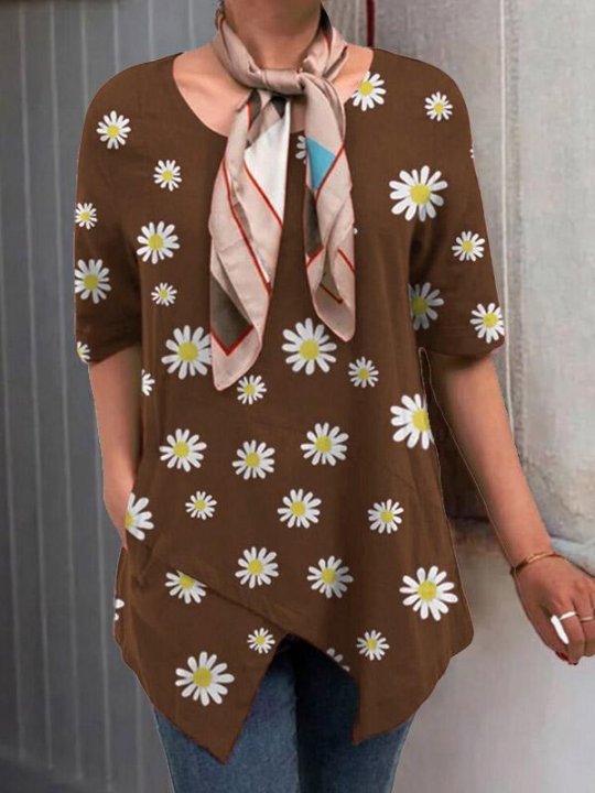 Women's cotton and linen daisy print mid-sleeved round neck shirt