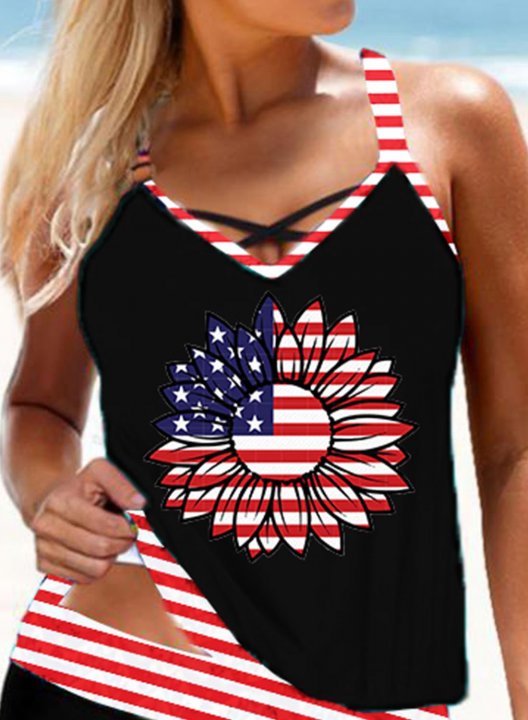 Women's Tankinis Mid Waist Fruits & Plants American Flag Sun Criss Cross Round Neck Padded Casual Tankini Set