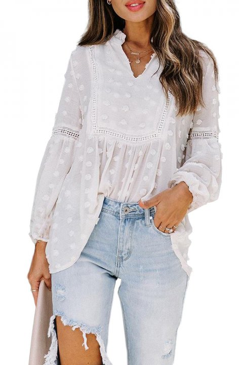 Ruffled Split Neck Lace Hollow Out Puff Sleeve Polka Dot Blouse