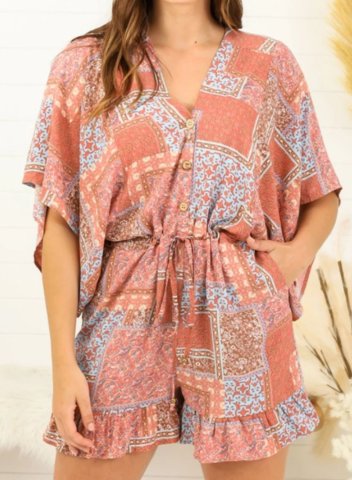 Women's Rompers Drawstring Straight Floral Mid Waist Short Daily Boho Rompers