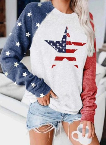 Woman's Sweatshirt American Flag Star Print Color Block Top