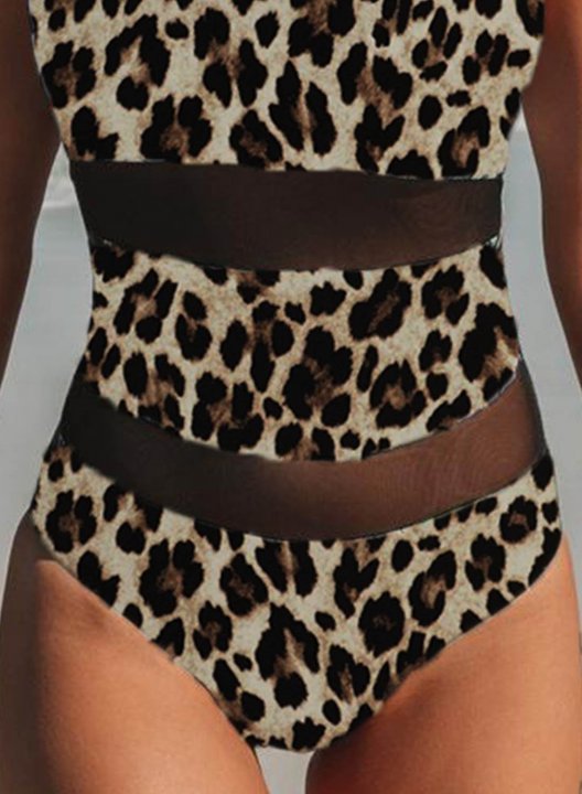 Women's One-Piece Swimsuits One-Piece Bathing Suits Leopard Mesh Round Neck One-Piece Swimwear