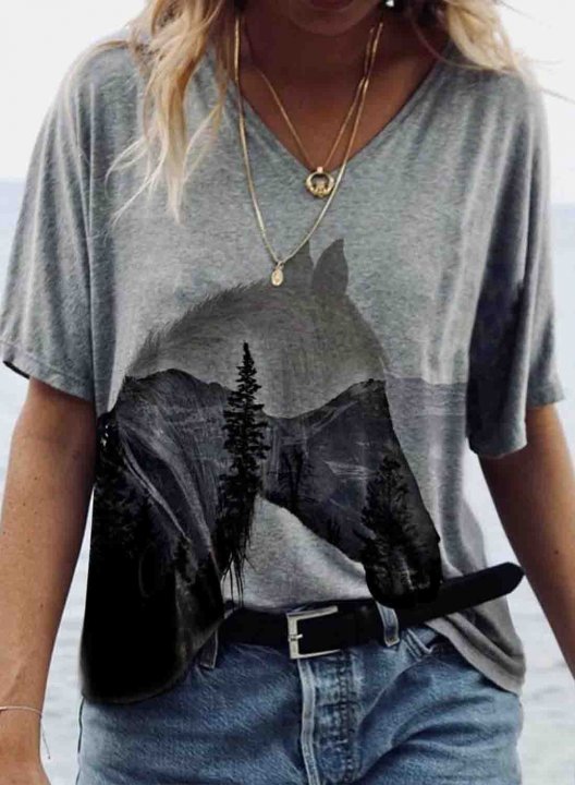 Women's T-shirts Print Short Sleeve V Neck Daily T-shirt