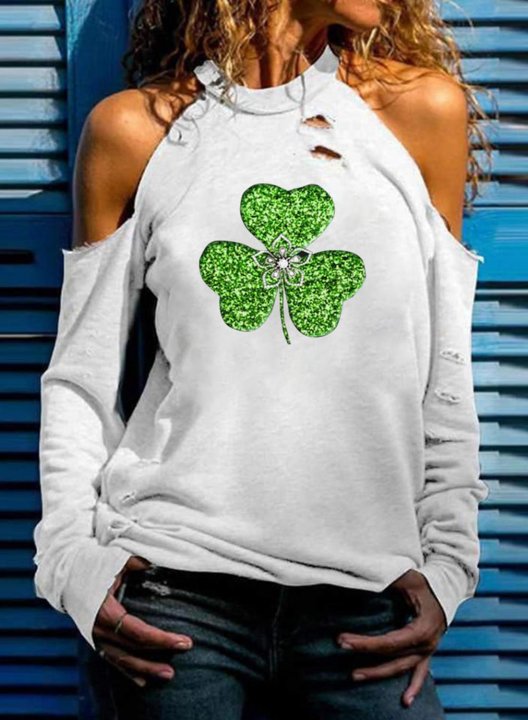 Women's St.Patrick's Day Sweatshirt Solid White Shamrock Sequin Long Sleeve Stand Neck Cold Shoulder Daily T-shirt
