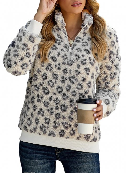 Leopard Long Sleeve High Neck Zip Sweatshirt