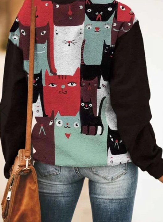 Cartoon Colorful Cat Print Paneled Casual Sweatshirt