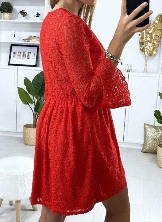 Women's Mini Dress Solid Floral Lace Fit & Flare Long Sleeve V Neck Summer Daily Mini Dress