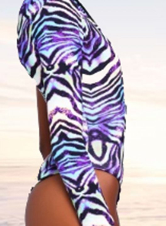 Women's One Piece Swimwear Striped Animal Print Asymmetrical Long Sleeve Vintage Sporty One-Piece Swimsuits One-Piece Bathing Suits