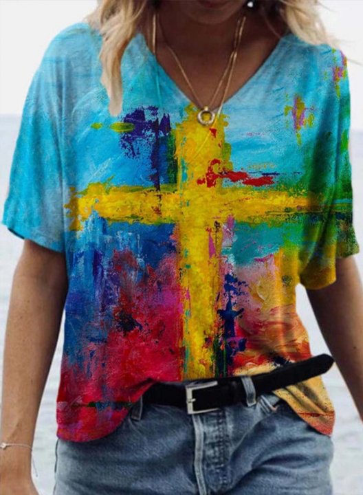 Women's T-shirts Multicolor Print Short Sleeve V Neck Daily T-shirt