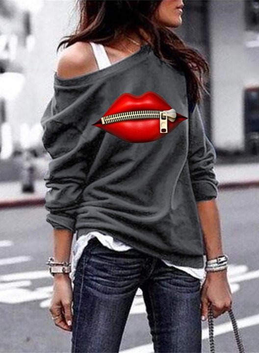 Off shoulder Solid Lips Print Long Sleeve Sweatshirt