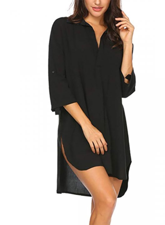 Women's Mini Dress Solid A-line 3/4 Sleeve Turn Down Collar Summer Daily Casual Beach Mini Dress