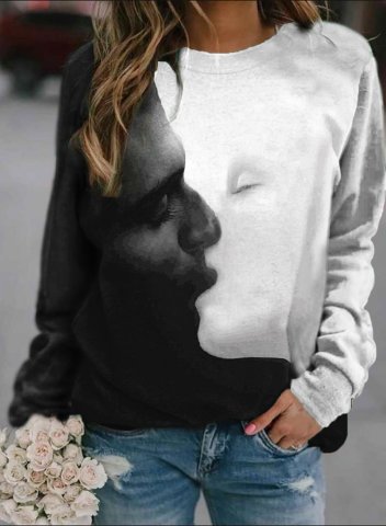 Women's Color-block Portrait Sweatshirt Long Sleeve Round Neck Casual Sweatshirt