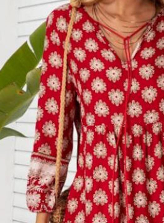 Women's Dresses Floral Knee Length Tropical Long Sleeve V Neck Vacation Daily Knot Vintage Dress