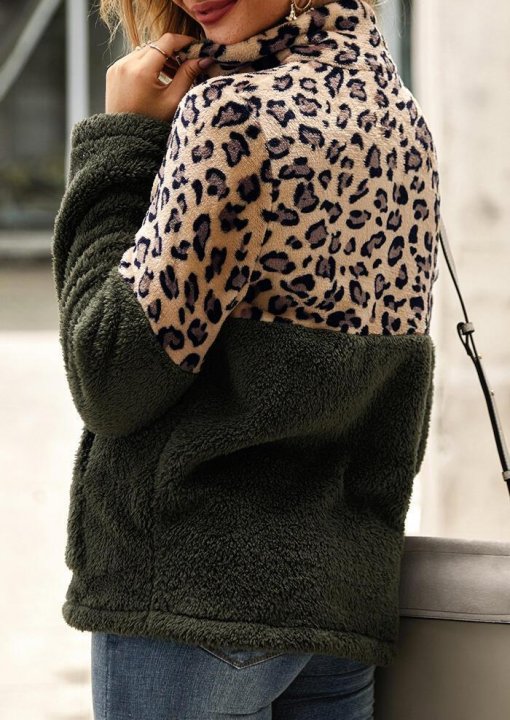 Leopard Splicing Plush Warm Sweatshirt - Army Green