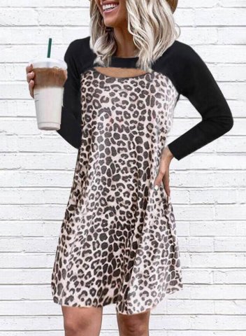 Women's Mini Dresses Leopard Color Block Long Sleeve Round Neck Vintage Mini Dress