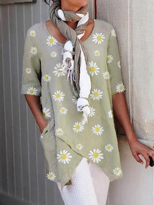 Women's cotton and linen daisy print mid-sleeved round neck shirt