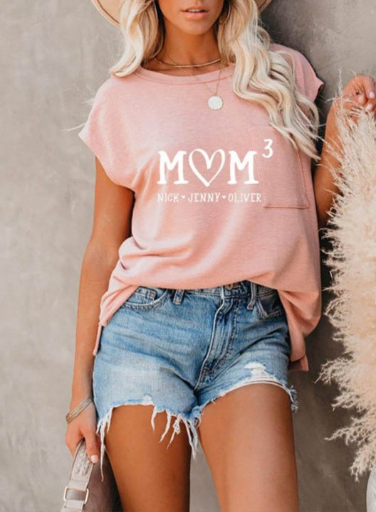 Women's T-shirts Solid Letter Round Neck Short Sleeve Pocket Casual Daily Summer T-shirts