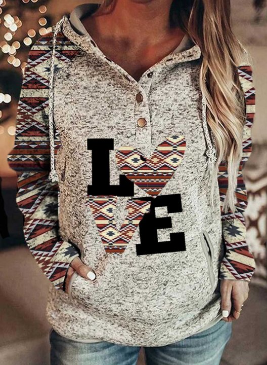 Women's Aztec Hoodie Love Letter Tribal Print Long Sleeve Button Pocket Hoodie