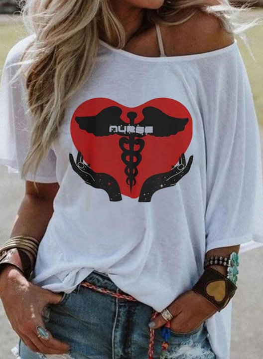 Women's T-shirts Letter Heart-shaped Print Short Sleeve Cold Shoulder Daily T-shirt