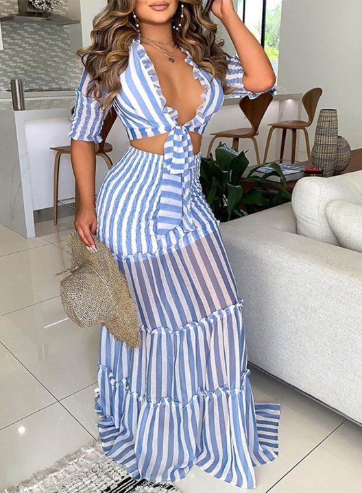 Women's Skirts Sets Striped Color Block Half Sleeve Cropped V Neck Flare Maxi 2-piece Skirts Set